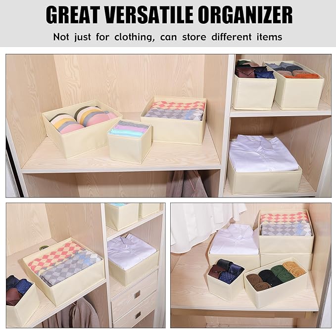 Foldable Dresser Drawer Organizers Clothes & Underwear Storage Box Drawer Divider Organizer Basket Bins for Socks, Bras - 3 Pack (Creamy-White)