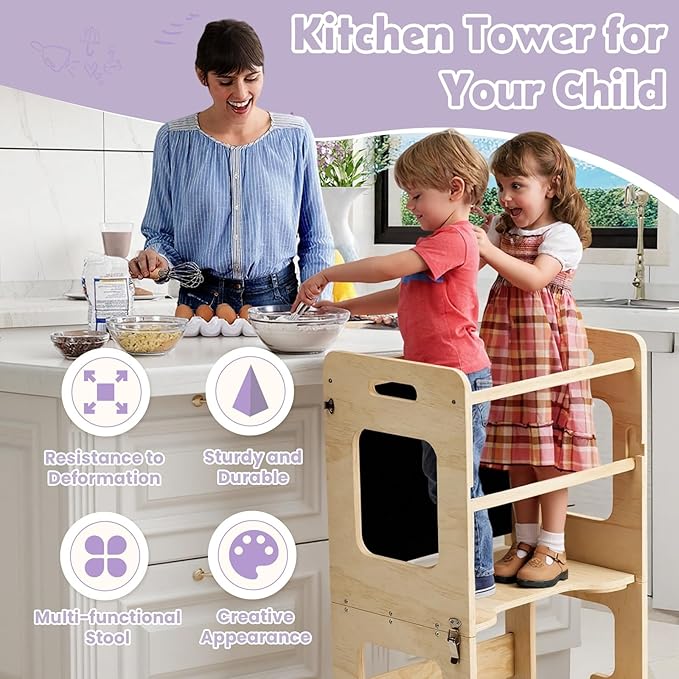 labebe Toddler Standing Tower for 12M+, Montessori Foldable Learning Standing Tower with Blackboard, Anti-tip Structure Design,Wooden Kitchen Step Helper Stool for 1-3 Year Old Boy Girl Gift