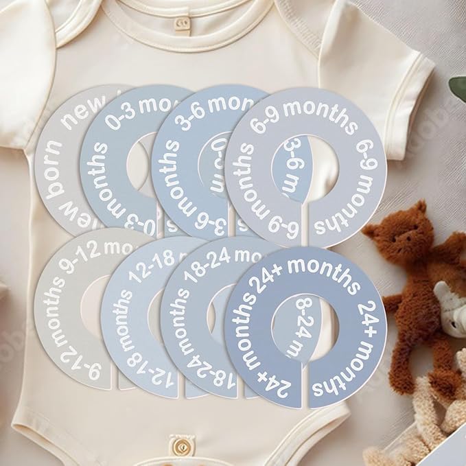Baby Closet Dividers for Clothes 0-24 Months, 8 Pack mini Round Size Markers, Double-Sided, Fits Most Rods, Blue Nursery Clothing Organizer & Wardrobe Decor
