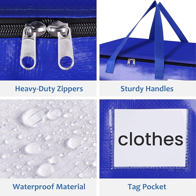 Moving Bags, Storage Bags with Sturdy Handles and Heavy Duty Zippers, Storage Totes for Space Saving, Moving & Storage, Collapsible Moving Supplies(100L, 4-Pack, Blue)