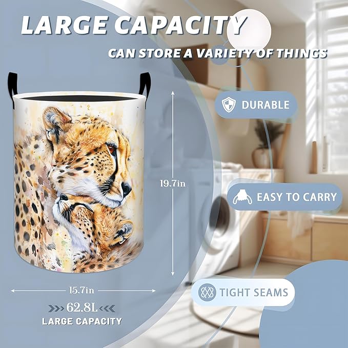 Loving Cheetahs in Gentle Embrace Laundry Basket with Handles, 19.7"x15.7" Clothes Foldable Laundry Hamper Organizer for Dorm Nursery Bedroom Bathroom Decor, Toy Storage Bin for Kids