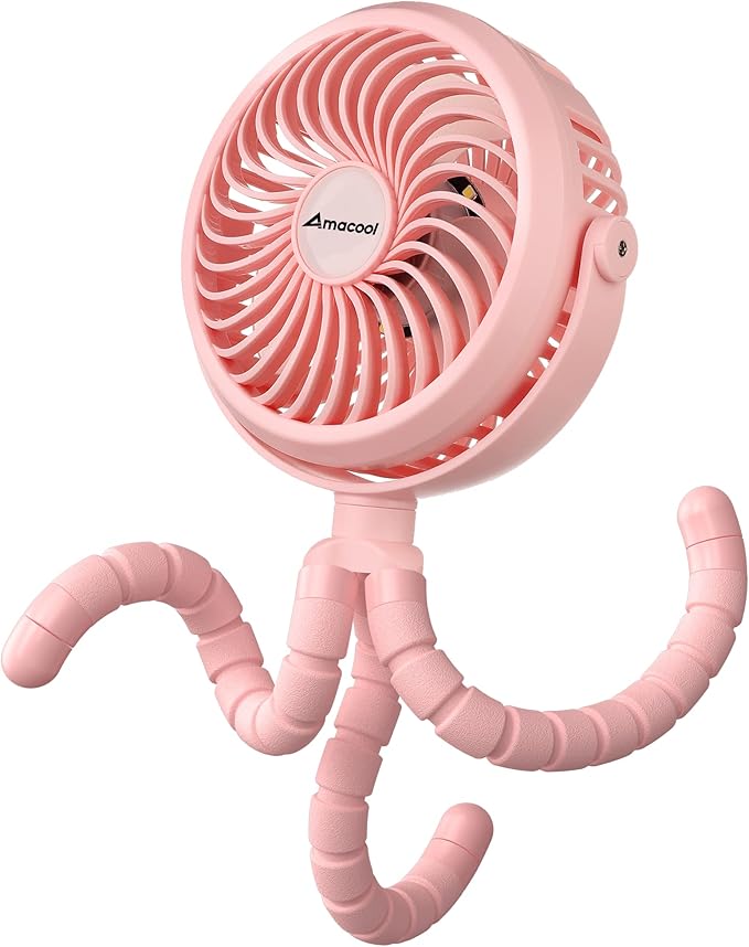AMACOOL Battery Operated Stroller Fan, Newborn & Baby Travel Essentials, Registry Gifts, Flexible Tripod Clip On Fan with 3 Speeds and Rotatable for Car Seat Crib Bike Treadmill, Beach Essentials