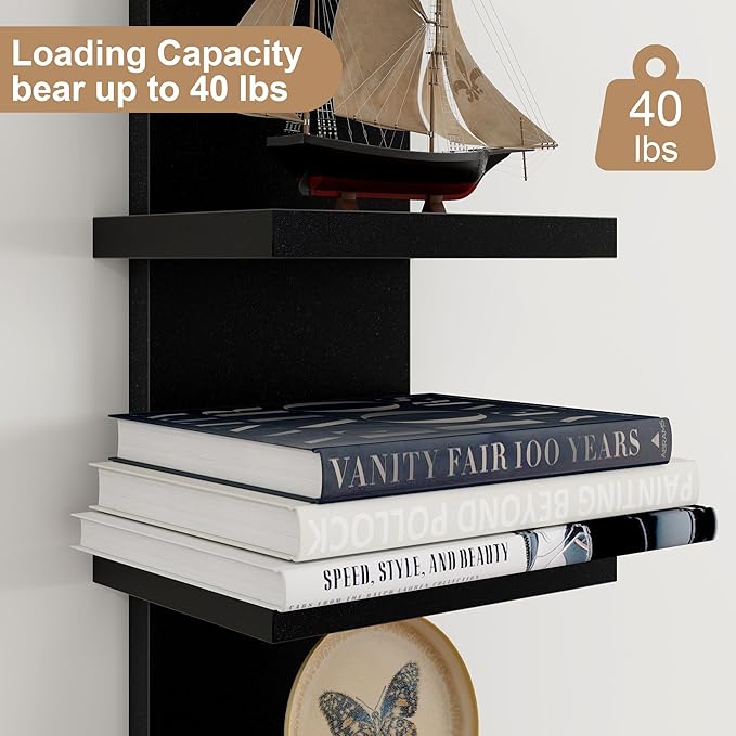 Fun Memories 5 Tier Wall Shelf Unit, Decorative Wall Mount Vertical Shelving, Floating Storage Home Decor Organizer Tall Tower Design Utility Shelving Bedroom Living Room, Black