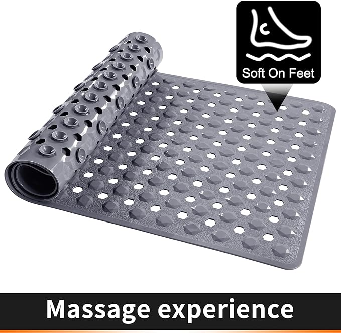 Yimobra Bath Tub Mat Non Slip, 34.5"x15.5" Long Shower Mat, Machine Washable Bathmat with Drain Holes and Suction Cups, Soft on Feet, Bathroom Essentials, Grey