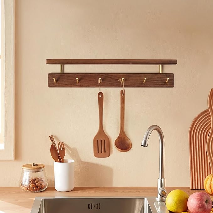 Mayhas Solid Wood Shelf with Hooks, 19 inch Coat Rack Wall Mount, Shelves with 6 Brass Hooks for Hanging in Entryway, Living Room, Bathroom, Bedroom, Kitchen(Walnut)