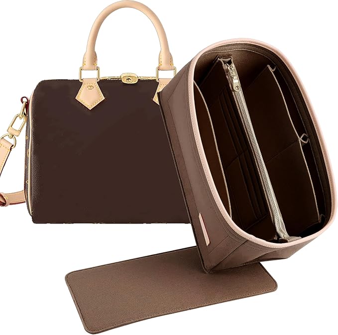 Doxo Purse Organizer Insert for Handbags & Base Shaper 2pc Set, Tote Bag Organizer Insert with 6 Sizes, Compatible with Speedy 25 More(M-Brown)