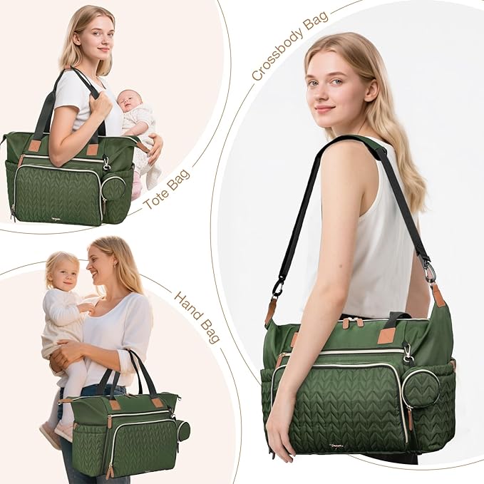 Tonyeee Diaper Bag Tote, Large Baby Diaper Bags Waterproof, Hospital Bag for Labor Delivery with Pacifier Case, Changing Pad, Shoulder Strap, Dark Green
