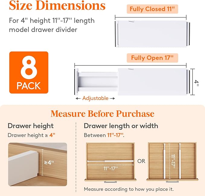 Lifewit 8 Pack Drawer Dividers 4" High, 11-17" Adjustable Dresser Drawer Organizers for Clothes, Expandable Drawer Separators in Kitchen/Bedroom/Bathroom/Vanity/Office Organization and Storage, White
