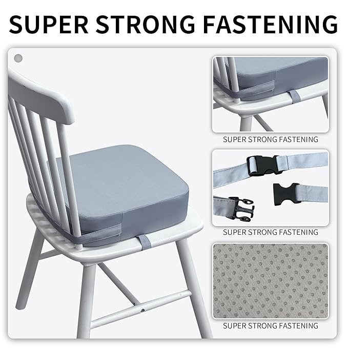 Toddler Booster Seat for Dining Table, Waterproof Kids Booster Seat for Kitchen Chair, High Density Foam Cushion with Non-Slip Bottom, Washable Cover & Adjustable Straps (Grey)