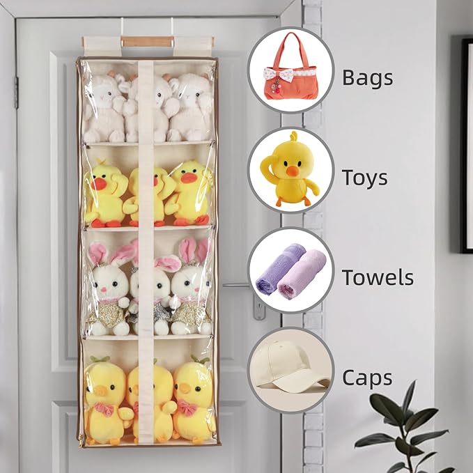 JINOKADI Clear Hanging Handbag Storage Organizer with Zippers, Easy Access Purse,Toy,Yarn,Hat Storage Over The Door Purse Organizer Space Saving 4 Pockets for Closet Bedroom Living Room (Beige)