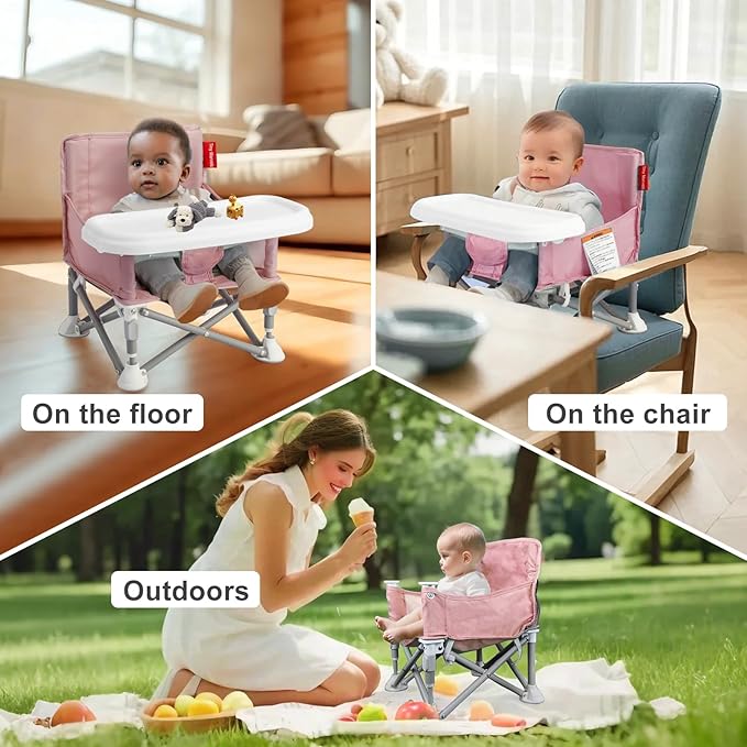 Tiny Marvels Portable Booster Seat, Foldable Baby High Chair with Removable Tray, Safety Harness & Carry Bag – for Toddlers Ages 6M-3Y, Ideal for Dining, Travel, Camping & Family Time