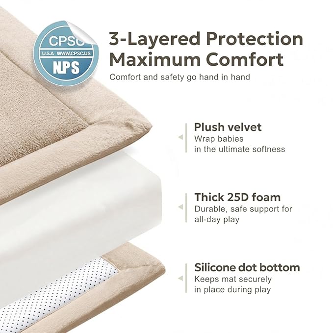 Thick Baby Play Mat for Floor,50x50 Playpen Mat,Ultra Soft Mat for Tummy Time,Cushioned Extra Large Crawling Mat with Baby-Safe & Non-Slip for Babies,Toddlers,Infants,Kids,Easy Care,50"x50",Beige