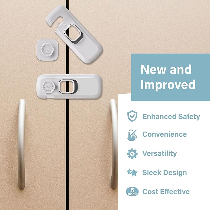 Heart of Tafiti 5 Pack Fridge Lock, Child Proof Refrigerator Lock, French Fridge Door Latches, Baby Safety Locks for Cabinet, Cupboard, Drawers, Oven, Closet, Strong Adhesive-Easy to Install, White