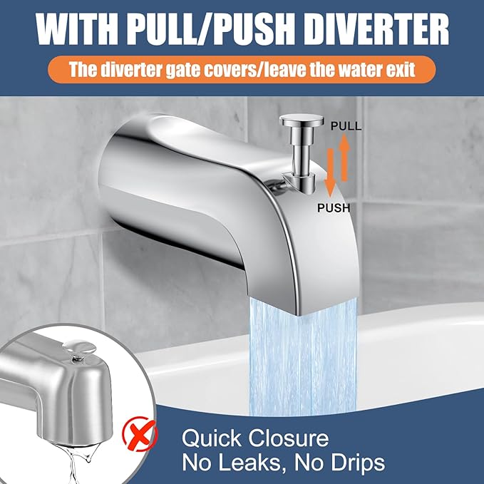 Universal Bathtub Tub Spout with Diverter, Fits 1/2" Slip-Fit Copper Pipe Connection, Pull Down Bathtub Faucet Spout Replacement, Easy Installation (Chrome)