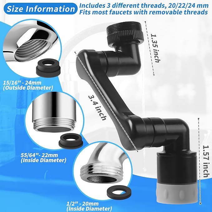 Longing Home 1080° Swivel Faucet Extender with 2 Function, Heavy Duty Rotating Sink Extension, Universal Swivel Robotic Arm, Rotating Splash Filter Extension for Kitchen Bathroom-2 Pcs/Black