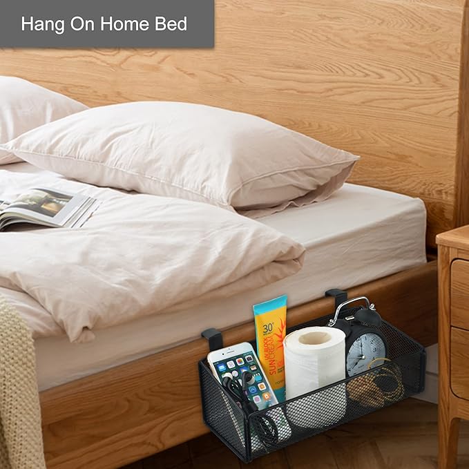 MATIMASU Bedside Caddy Hanging Storage Basket Beside Shelf Metal Organizer for Collage Dorm Bunk Bed,Hospital Bed,Baby Bed - Bedroom Essentials for Magazine,Remote Control,Phone,Drinks (Black)