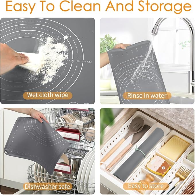 Silicone Pastry Mat 24" x 16" Baking Mat with Measurements and Edge Heightening, Thick Non-slip Food Grade Silicone Pad for Countertop Rolling Kneading Dough, Bread, Cookies,Pizza, Fondant,Dark Gray