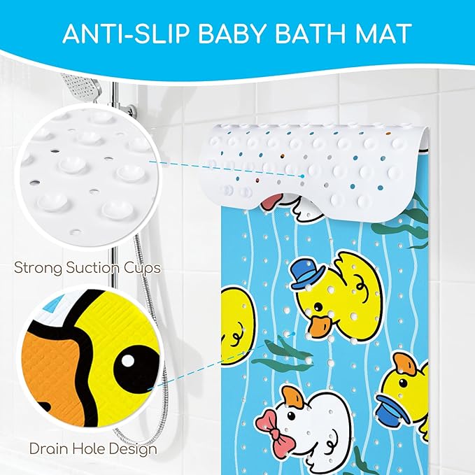 Omedecal Baby Bath Mat for Tub, Non Slip Kids Bath Shower Mat, 40 X 16 Inch Large Bathtub Mat with Drain Holes and Suction Cups for Toddlers, Machine Washable and Waterproof (Duck)