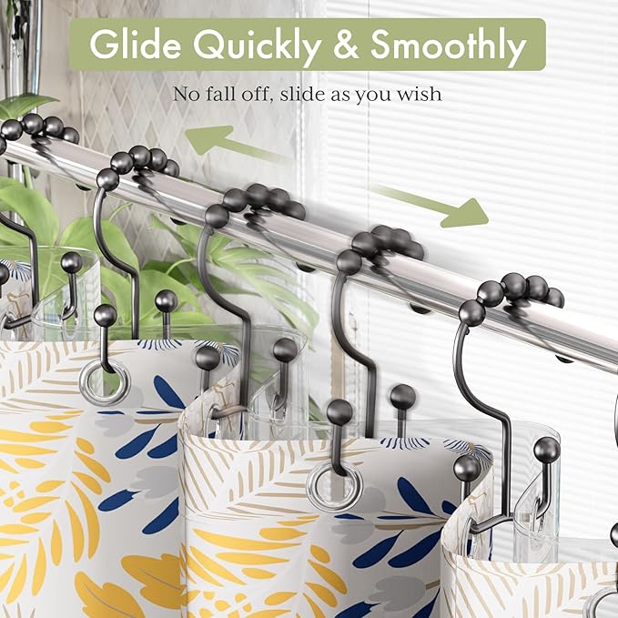Amazer Black Shower Curtain Hooks, Shower Curtain Hooks Rust Proof 12 Pcs Stainless Steel Shower Hooks for Shower Curtain, Double Shower Curtain Hooks for Bathroom Shower Rods Curtain