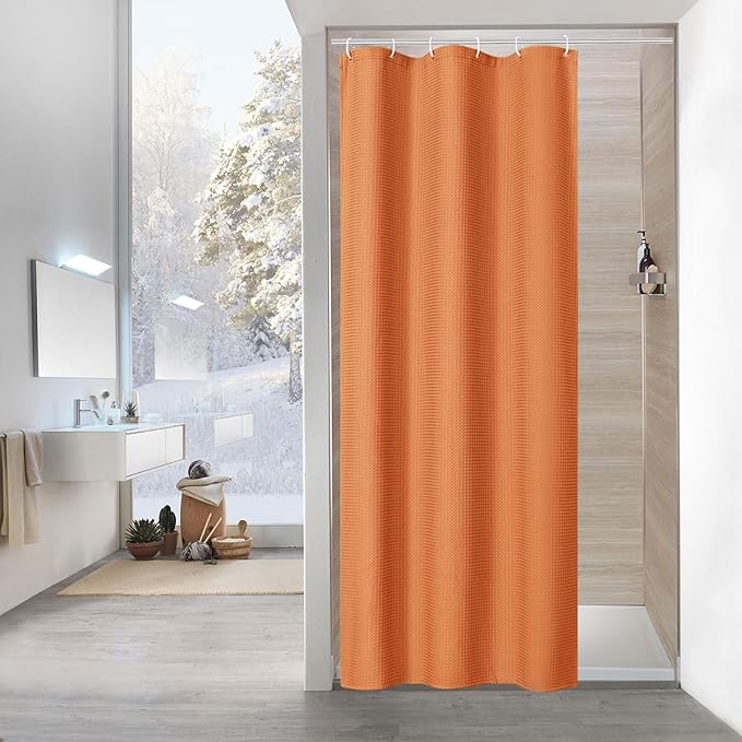 MitoVilla Orange Waffle Small Stall Shower Curtain 36 x 72, Half Size Fabric Narrow Shower Curtains for Bathroom Decor, 36 inch Weighted Shower Curtain Set with Plastic Hooks, Burnt Orange