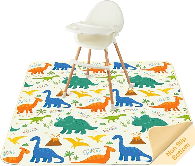 Splat Mat for Under High Chair 42 x 42 Inch Waterproof Baby Splash Mat with Non Slip Bottom Reusable Portable Highchair Mat for Floor Food Catcher for High Chair, Green Dinosaur