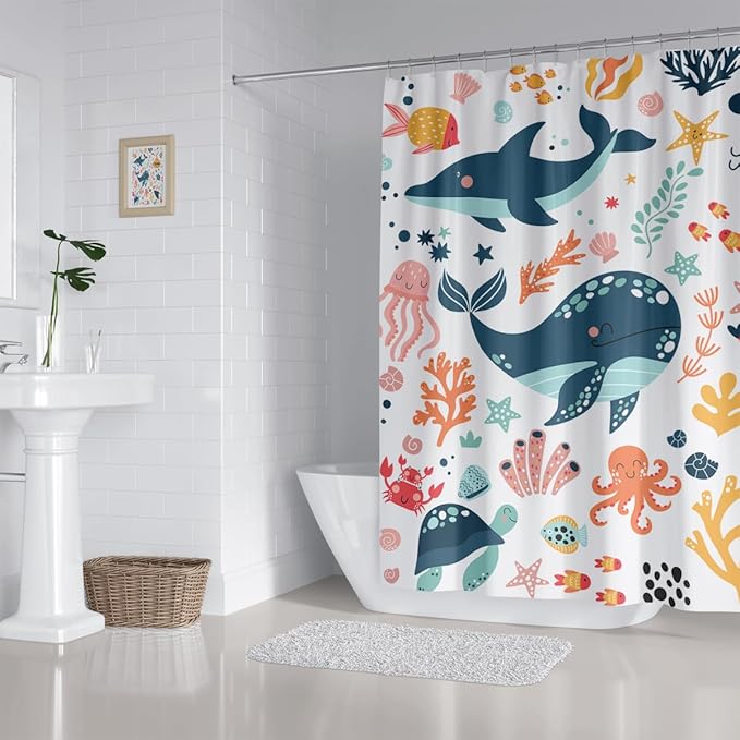 Kids Cartoon Ocean Shower Curtain Cute Fish Sea Turtle Whale Dolphin Funny Underwater Submarine Animal Sea Life Children Boy Home Bathroom Decor Waterproof Fabric 72Lx72W Inch with 12PCS Hooks