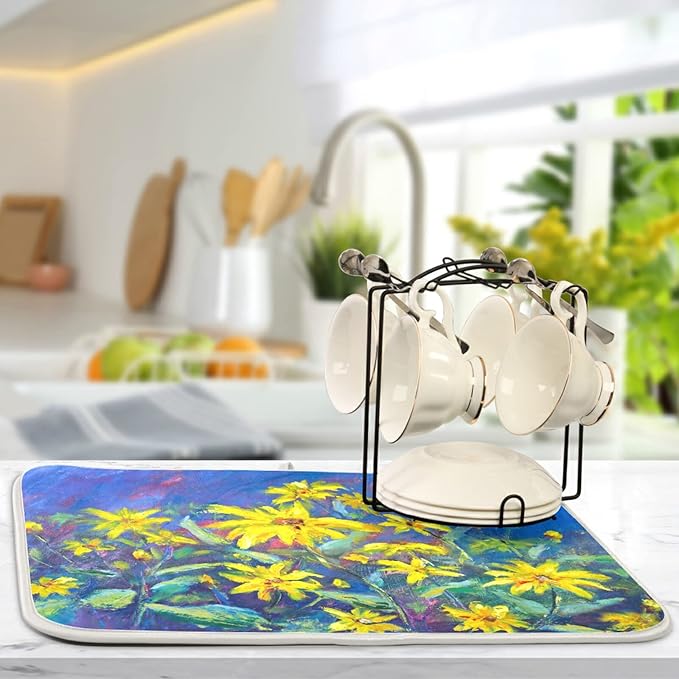 Absorbent Dish Drying Mat for Kitchen Counter - Oil Painting Flowers Microfiber Drying Pad, Reversible Drainer Mats for Countertop, Small 16" x 18"