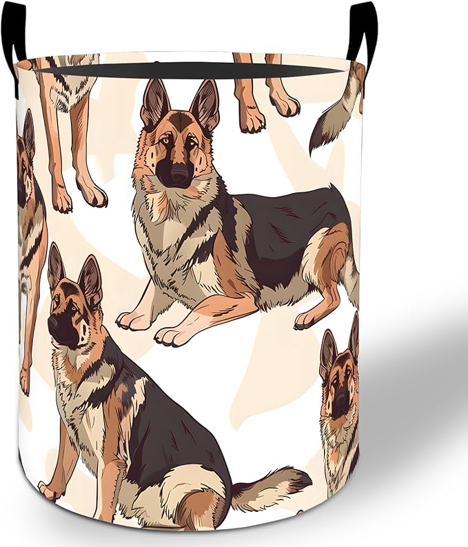 German Shepherd Laundry Basket Hamper 19.7"x15.8", Dog Foldable Waterproof Oxford Clothes Storage Bucket for Room Bathroom Bedroom Nursery Decor, Toy Organizer Bins Gifts for Kids Boys Girls