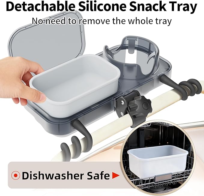 Universal Stroller Snack Tray, 3-in-1 Cup Holder Tray with Clamp & Silicone Arms Grip & Detachable Silicone Tray, Stroller Tray Attachment for Toddler & Kids, Snacking On The Go