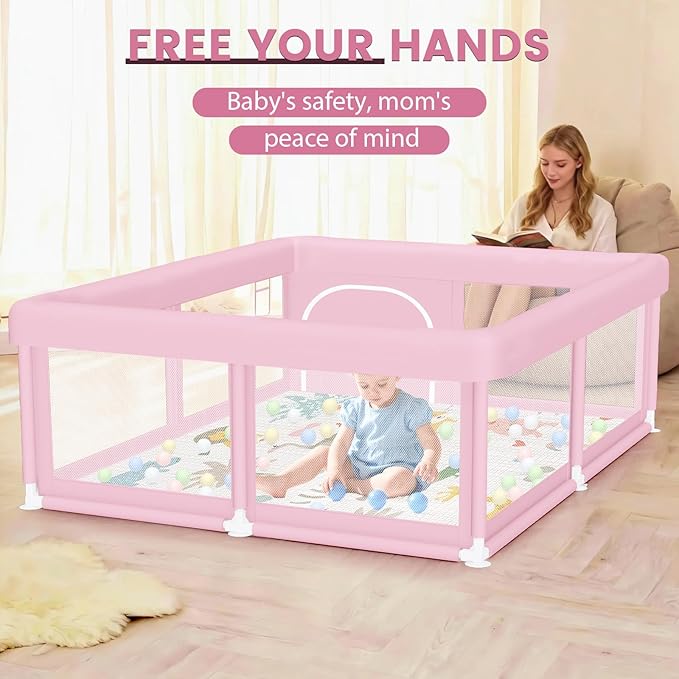 Large Baby Playpen with Mat 50"x50" Baby Girl Play Pen for Babies and Toddlers, Safe Structure and Soft, Skin-Friendly Fabric with Zipper Gates Pink