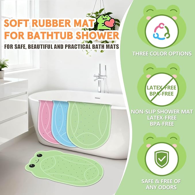 Blue Bath Shower Mat for Toddlers, BPA-Free Cartoon Frog Bathtub Mat Non Slip, Soft Rubber Bath Mat for Tub, Shower Bath Mats with Suction Cups & Drain Holes for Inside Shower and Bathroom
