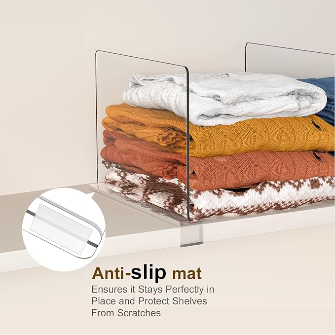 Purse Organizer for Closet Shelf Dividers: 11-inch Tall(Higher Version) Adjustable Clear Acrylic Bag Storage Organizer for Handbags, Sweaters, Towels, Jeans and Shoes on Wood Shelves 6-Pack