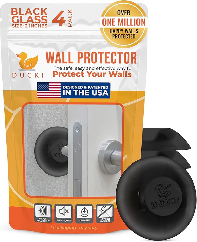 Ducki Wall Protectors - 4 Black Glass - Self Adhesive, Reusable Solution for Stopping Wall Damage & Noise from Doors, Refrigerator & More in Your Home & Office - Durable, Shock Absorbent, Discreet