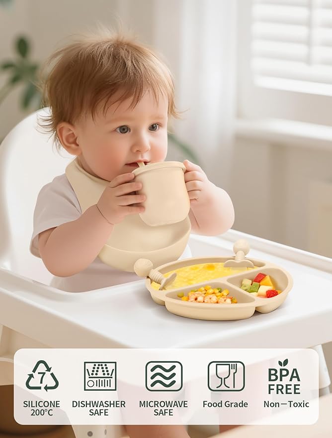 Silicone Baby Feeding Set 9 Pcs, Spill-Proof Suction Plate, Bowl, Bib, Silicone spoon&forks, Wooden Spoons&forks, Training cup with straw and Sippy Cup, Baby Eating Utensils (Brown)