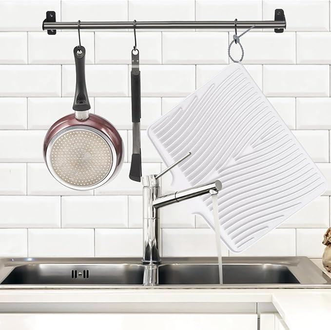 Silicone Dish Drying Mat for Kitchen Counter, Non-Slip Drain Pad with Built-in Drain, Dish Drying Pad, Large Heat Resistant Stone Drying Mat(White 16" x 12")