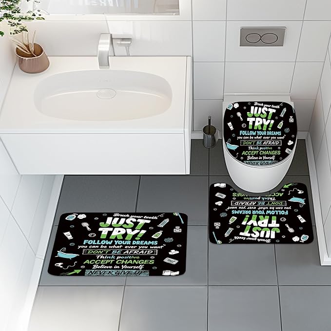 4 PCS Black Inspirational Quotes Shower Curtain Set 72Wx72H Positive Words Bathroom Set Non-Slip Bath Rug Toilet Lid Cover U Shape Mat Complete Bathtub Accessories with 12 Hooks Bathroom Decor