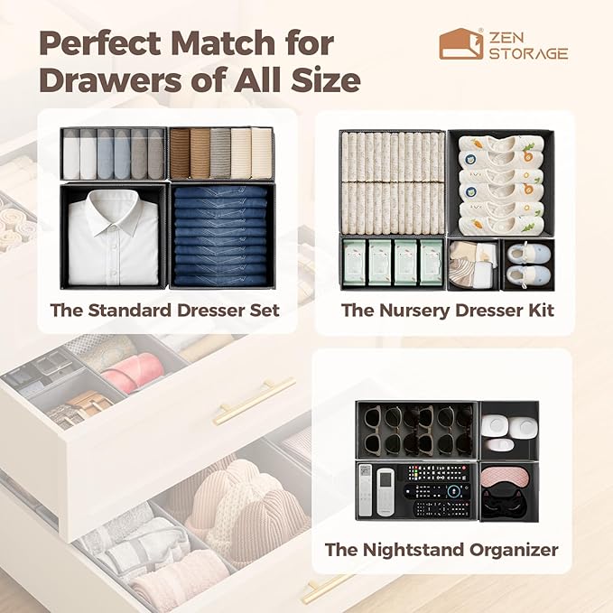 Sturdy Drawer Organizers (12-Pack) - Fabric Dresser Drawer Organizers & Dividers for Nursery Organization, Baby Organizers and Storage for Clothes, Socks & Underwear, Grey