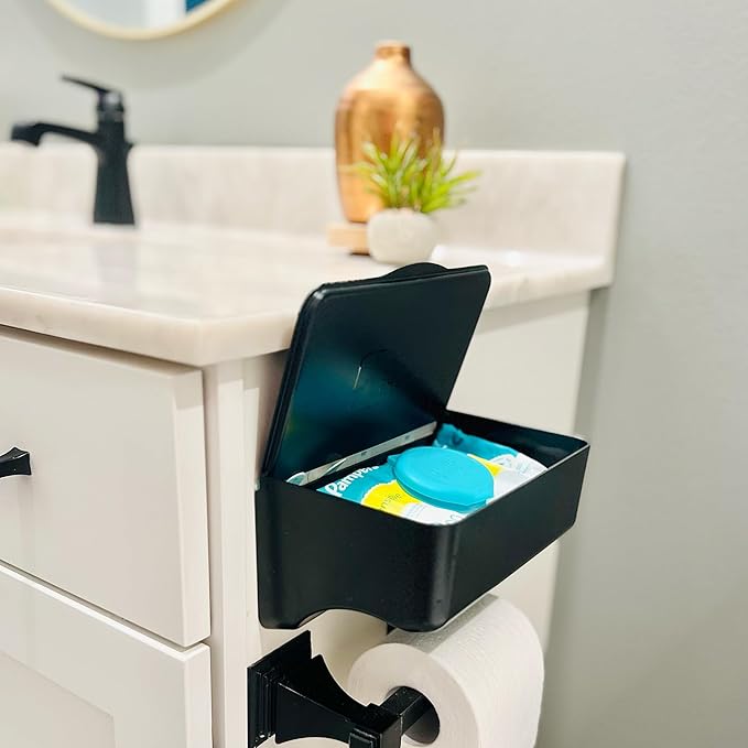 Wipe Holder for Bathroom – Adhesive Wall Mount Organizer – Bathroom Shelf & Baby Wipes Dispenser – Black, 2 Pack