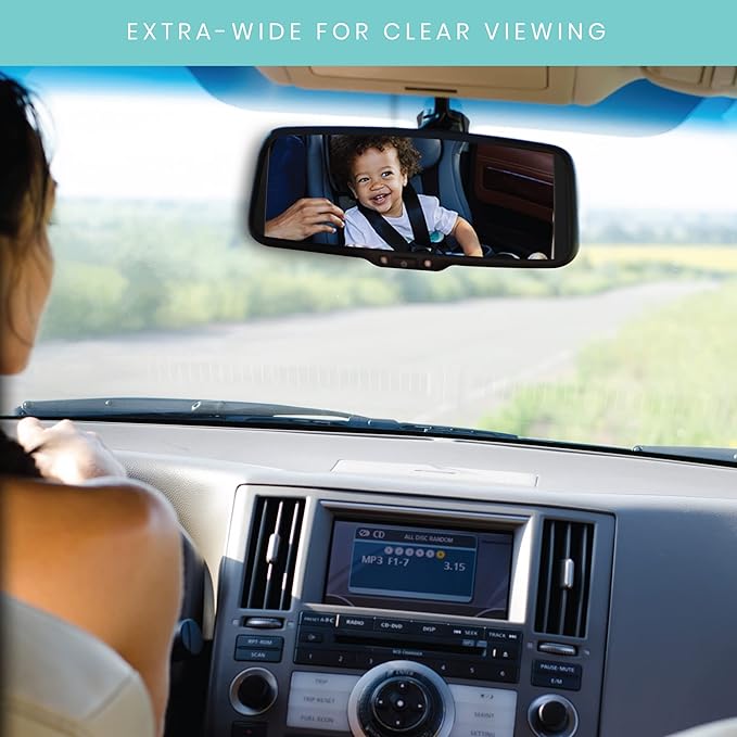 Lulyboo Large Baby Car Mirror with 360 Rotation & Adjustable Straps, Extra Wide Rear Facing Mirror for Safe Driving, Fits All Headrests, Black