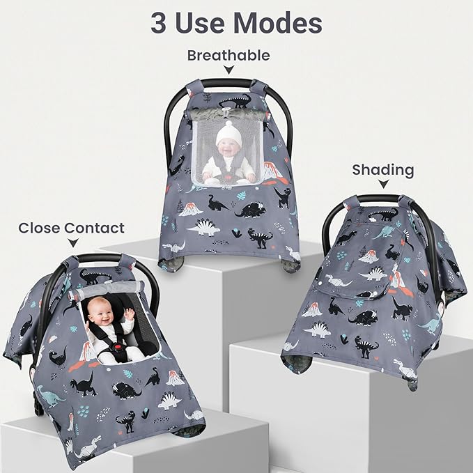 Car Seat Cover Baby, Carseat Covers Baby with 2 Layers Breathable Zipper Windows, Windproof Infant Car Seat Cover, Kick-Proof Baby Carrier Cover for Baby Boy Newborn Essentials