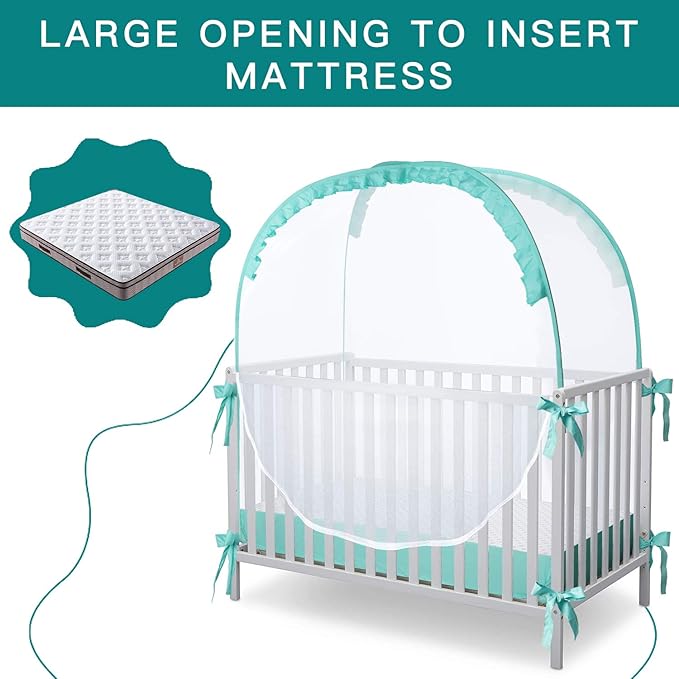 L RUNNZER Crib Pop Up Tent Baby Safety Mesh Cover Mosquito Net Toddler Bed Canopy Netting Cover Protect Baby from Biting and Falling, Emerald, 51 x 51 x 27 Inch