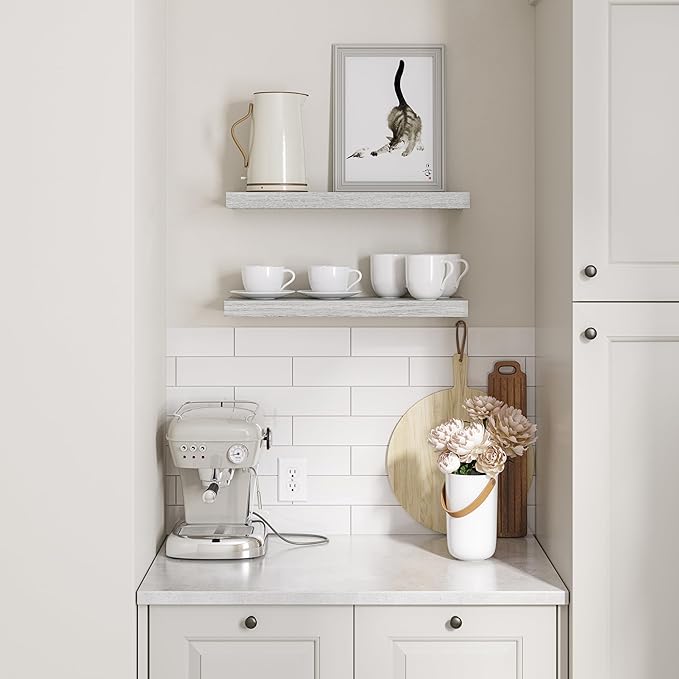Ballucci Floating Shelves, 24" Wood Wall Shelf Set of 2, with Invisible Brackets for Bathroom, Living Room, Bedroom, Kitchen, Nursery, 6" Deep, Rustic Gray