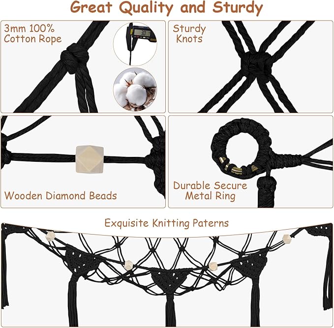 Stuffed Animal Storage Hammock Corner, 57 Inch Large No Drilling Handcrafted Stuffed Animal Net, Natural 100% Cotton Boho Macrame Toy Hammock Stuffed Animal Organizer for Kid Room Nursery Decor(Black)