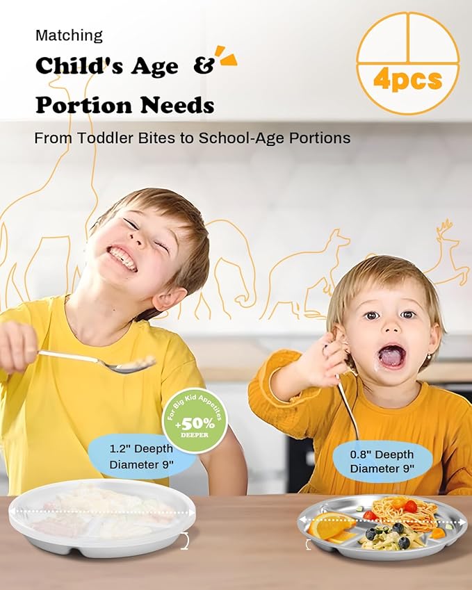 Bakpoco Stainless Steel Kids Plates with Lid 4 Packs, Deepened 9" Portion Control Plate Divided Plate for Adults Bariatric Weight Loss & Diabetic Diet, Non Toxic Unbreakable Toddlers Lunch Dishes