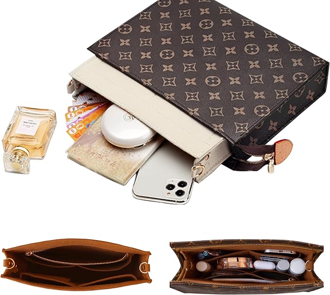 Soyizom Felt Purse Organizer Insert Fits Toiletry Pouch 26x19 Messenger Bag Liner with Gold Buckle & Keychain (Large, Brown)