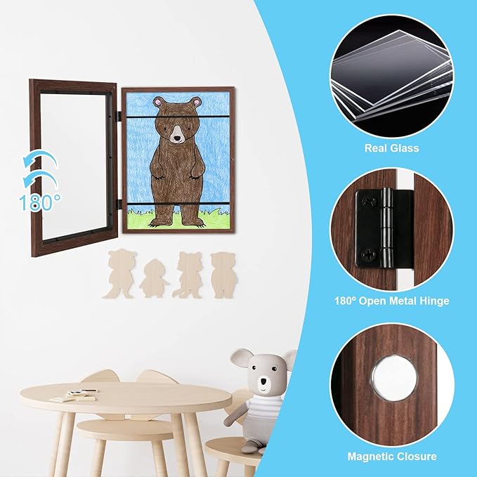 GULETHUN [2-Pack] Kids Art Frames, 8.5x11 Front Opening Kids Artwork Frames Changeable, Brown Artwork Display Storage Frame for Wall, Holds 50 Pcs, for 3D Picture, Crafts, Hanging Art, Portfolio