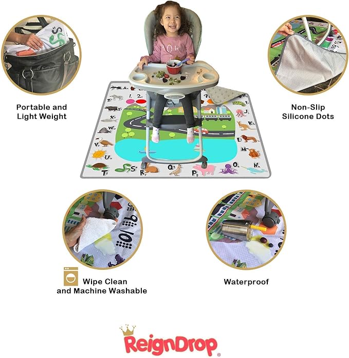 54" XL Splat Mat for Under High Chair- Creative Design for Art Floor Cover, Food Spills for Baby or Toddler. Non Slip, Waterproof, Machine Washable, Durable, Reusable (Fun and Educational)