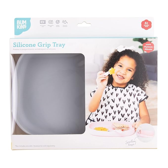 Bumkins Toddler and Baby Suction Plate, Silicone Grip Dish Large Tray for Big Kids, Fits Most Highchairs, Essential Children Feeding Supplies, Non Skid Sticky Bottom, Platinum Silicone, Gray
