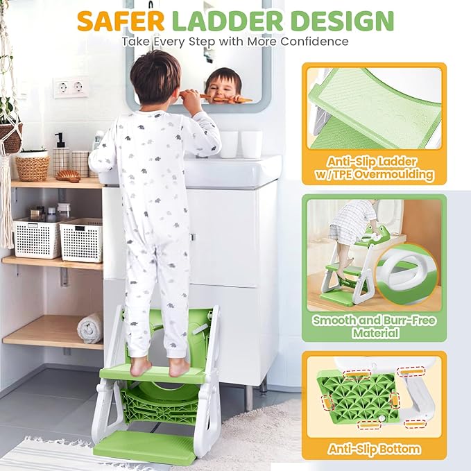 Orzbow Frog Potty Training Seat, Toddler Toilet Seat with Step Stool Ladder, 2-in-1 Potty Training Toilet Essentials for Boys Girls, Adjustable Height, Non-Slip Step and Splash Guard Design, Green