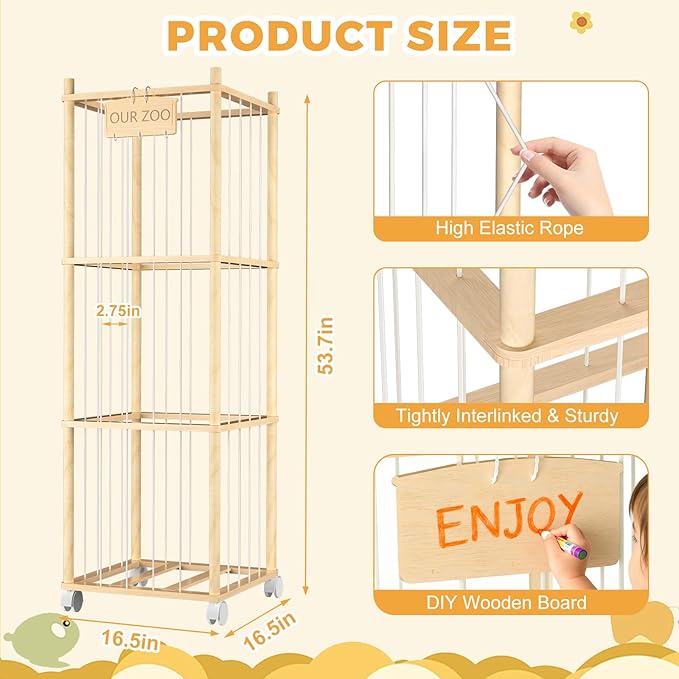 DUOQNY Stuffed Animal Storage, Wood Plush Toy Storage Organizer, Large Capacity Toy Cage with DIY Plaque Hang Small Objects, Gift for Nursery Playroom Kidroom Bedroom (54-Inch)